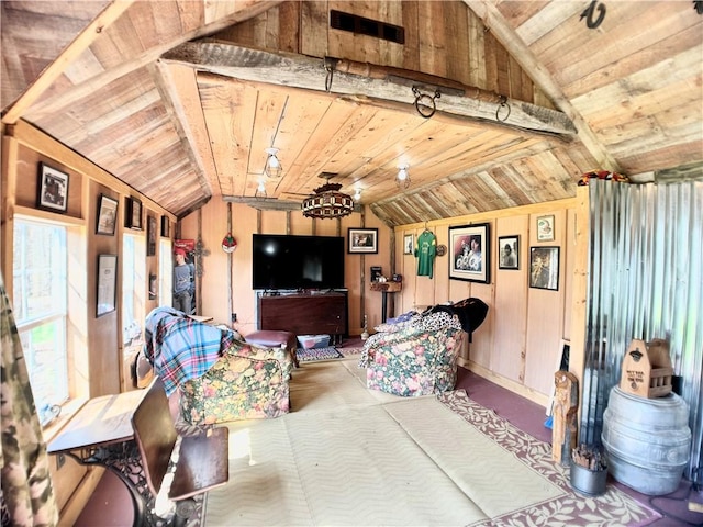 575 Harper Rd, Harpersfield, NY 13786 - living area with vaulted ceiling, wood ceiling, and wood walls