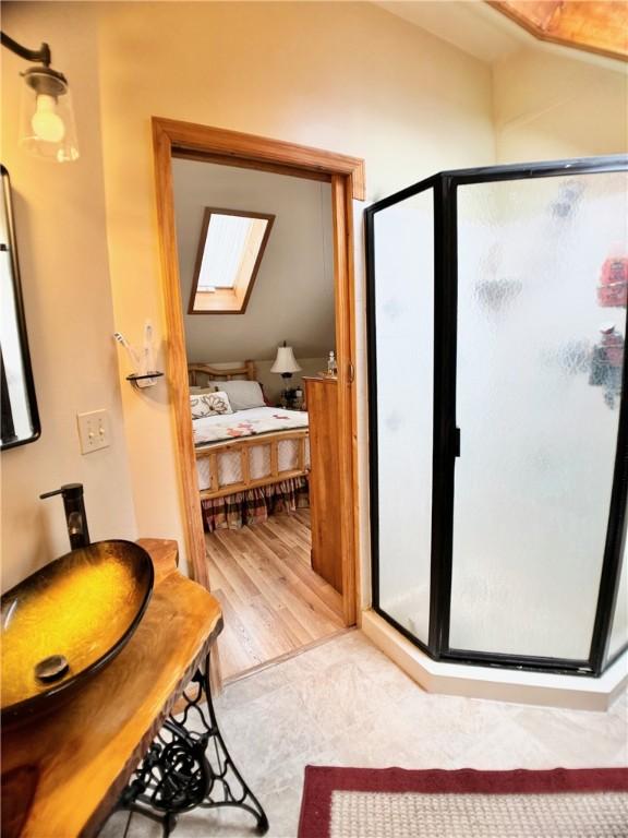 575 Harper Rd, Harpersfield, NY 13786 - bathroom featuring a skylight, ensuite bath, and a shower stall
