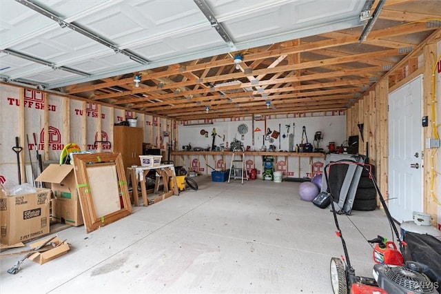 garage with a workshop area