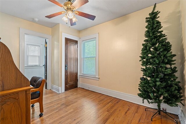 office space with baseboards, light wood finished floors, and healthy amount of natural light