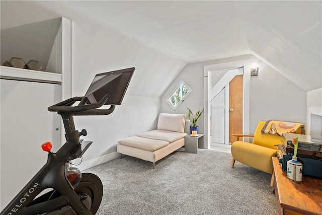 living area with carpet flooring and lofted ceiling