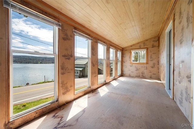 7709 State Highway 28, Exeter, NY 13439 - unfurnished sunroom featuring a water view, wooden ceiling, lofted ceiling, and wood finished floors