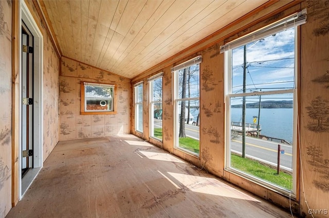 7709 State Highway 28, Exeter, NY 13439 - unfurnished sunroom with a water view, vaulted ceiling, and wood ceiling