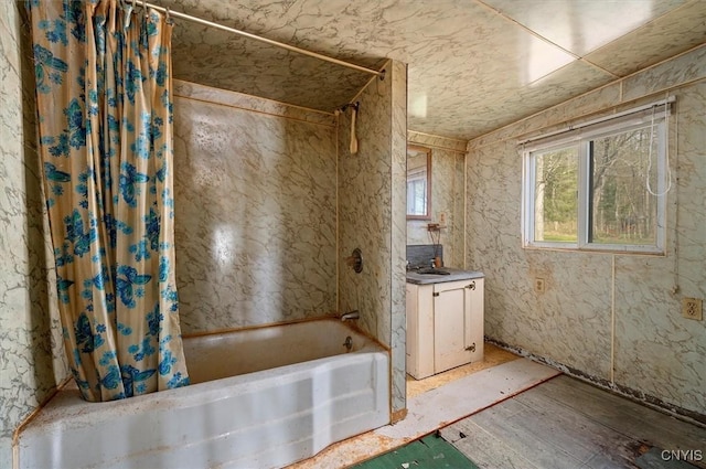 7709 State Highway 28, Exeter, NY 13439 - bathroom with shower / bathtub combination with curtain, vanity, and wood finished floors