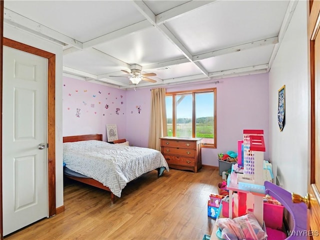 742 Centerline Rd, Sheldon, NY 14145 - bedroom featuring light wood-style floors, coffered ceiling, a ceiling fan, and baseboards