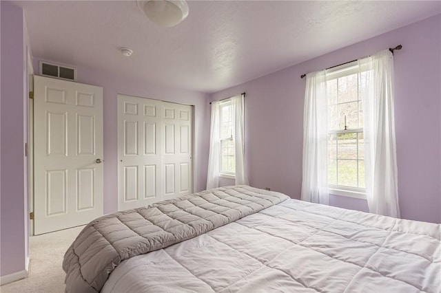 bedroom with carpet flooring and a closet