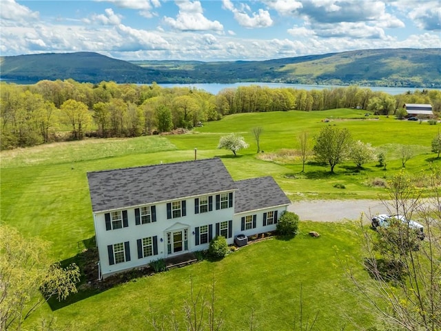 view from above of property featuring a water and mountain view
