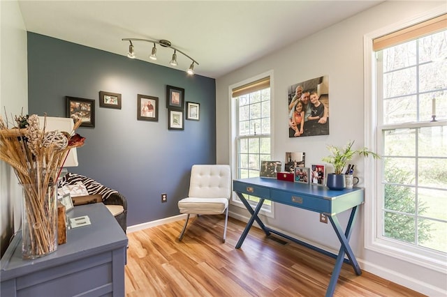 living area featuring light wood finished floors, baseboards, and track lighting