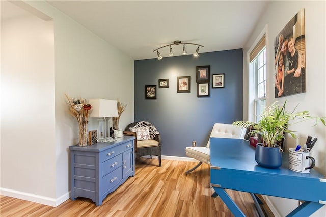 living area featuring light wood-style flooring, baseboards, and track lighting