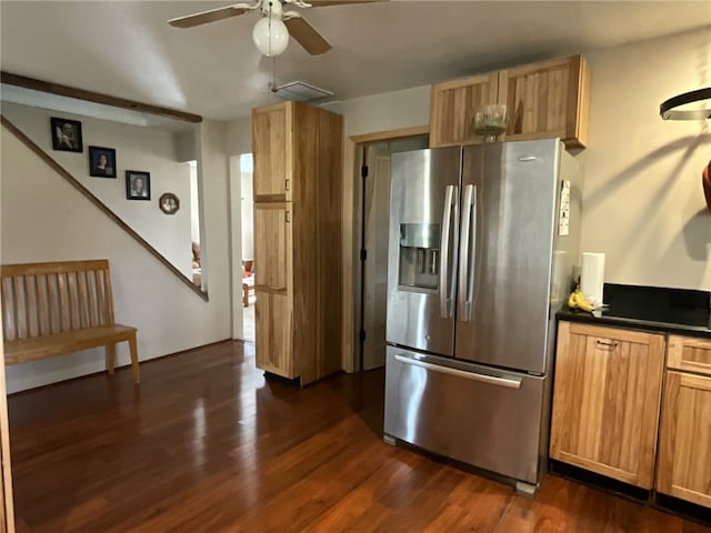 1940 State Highway 41, Coventry, NY 13733 - kitchen with stainless steel refrigerator with ice dispenser, dark countertops, a ceiling fan, and dark wood-style floors