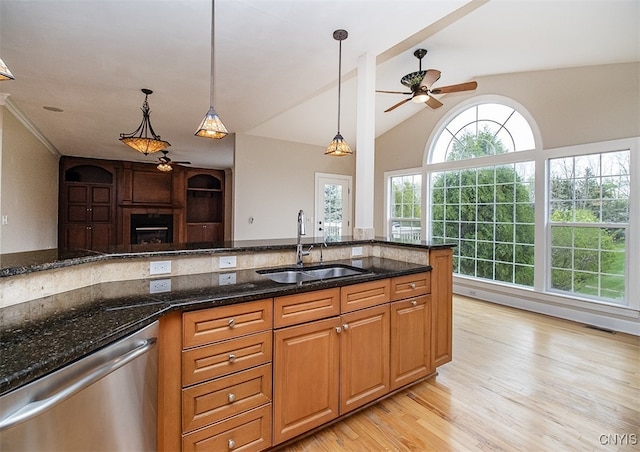 100 Brandywine Dr, Manlius, NY 13104 - kitchen with a sink, dishwasher, a ceiling fan, light wood-style flooring, and pendant lighting
