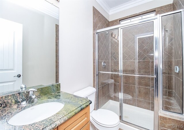 100 Brandywine Dr, Manlius, NY 13104 - full bath featuring toilet, a stall shower, crown molding, and vanity
