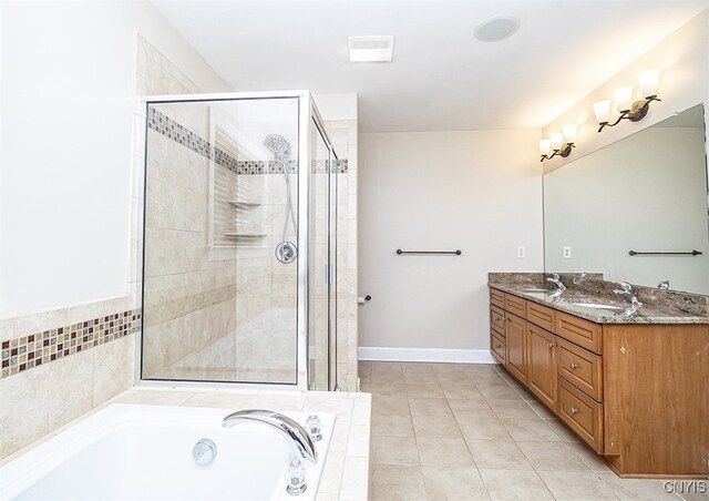 100 Brandywine Dr, Manlius, NY 13104 - full bathroom featuring a stall shower, a bath, double vanity, and tile patterned floors