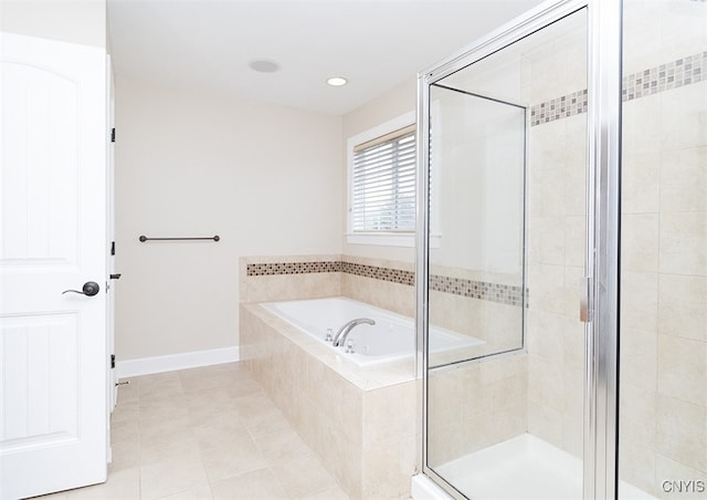 100 Brandywine Dr, Manlius, NY 13104 - bathroom with a stall shower, tile patterned flooring, a bath, baseboards, and recessed lighting