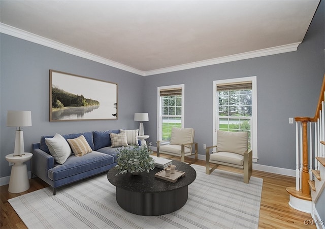 100 Brandywine Dr, Manlius, NY 13104 - living area with stairway, ornamental molding, light wood-style floors, and baseboards