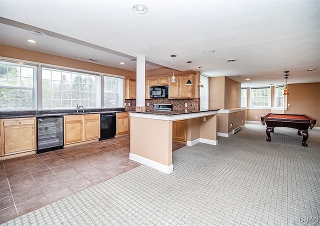 100 Brandywine Dr, Manlius, NY 13104 - kitchen featuring wine cooler, black appliances, a sink, dark countertops, and recessed lighting