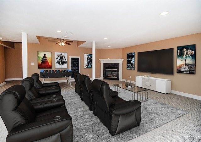 100 Brandywine Dr, Manlius, NY 13104 - carpeted living area featuring baseboards, ceiling fan, a premium fireplace, and recessed lighting