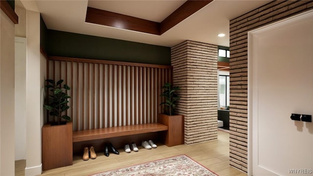 mudroom featuring wood finished floors and recessed lighting