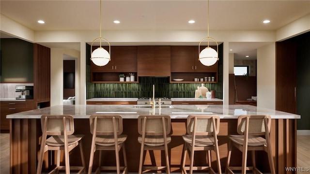kitchen featuring modern cabinets, tasteful backsplash, open shelves, recessed lighting, and decorative light fixtures