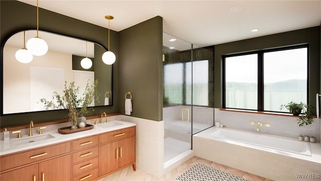 bathroom with a garden tub, tile patterned flooring, double vanity, and a stall shower
