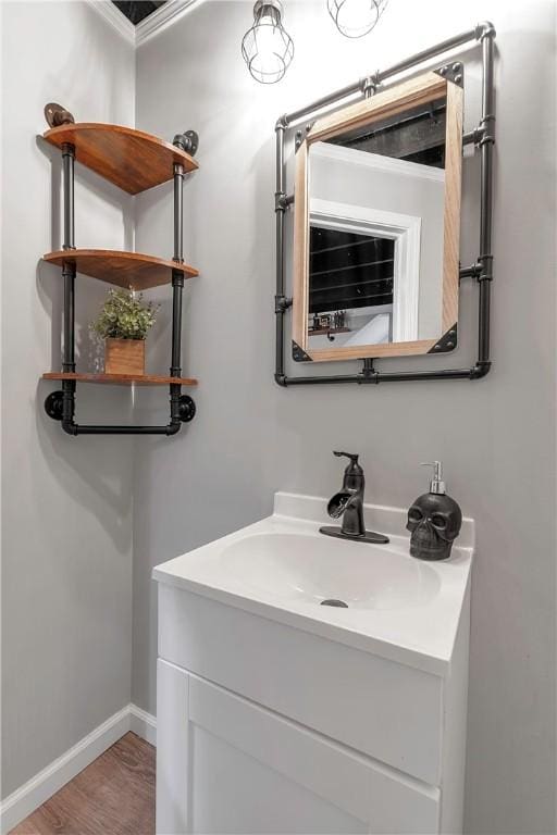 bathroom with baseboards, vanity, and wood finished floors