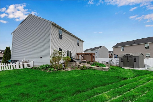 back of house with a pergola, a storage shed, and an outdoor structure