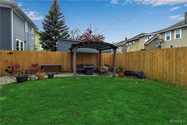 view of yard featuring a pergola, a patio, and outdoor lounge area