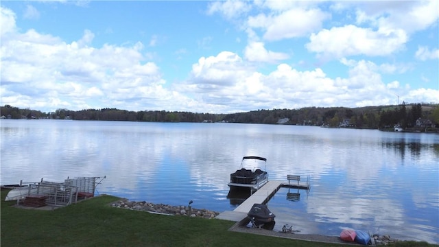 dock with a water view and a wooded view