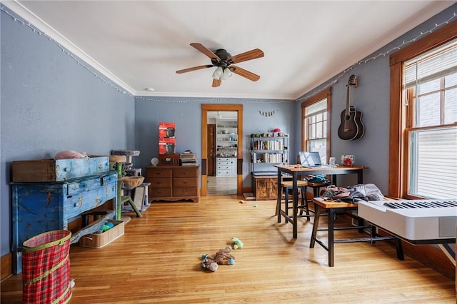 45 Juniper St, Rochester, NY 14610 - dining area with wood finished floors, a ceiling fan, ornamental molding, and an office area