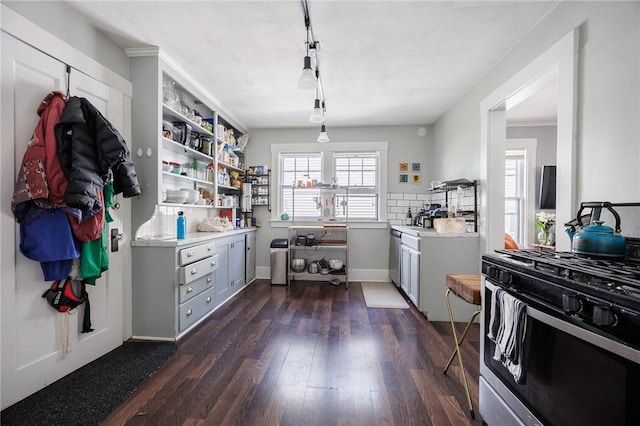 45 Juniper St, Rochester, NY 14610 - kitchen featuring stainless steel gas stove, light countertops, dark wood-type flooring, and open shelves