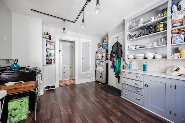 45 Juniper St, Rochester, NY 14610 - kitchen with gray cabinetry, open shelves, dark wood-style floors, light countertops, and decorative light fixtures