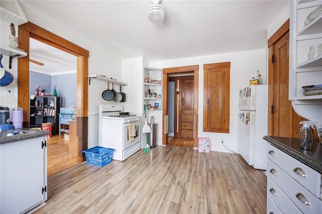 45 Juniper St, Rochester, NY 14610 - kitchen featuring white appliances, open shelves, and light wood finished floors