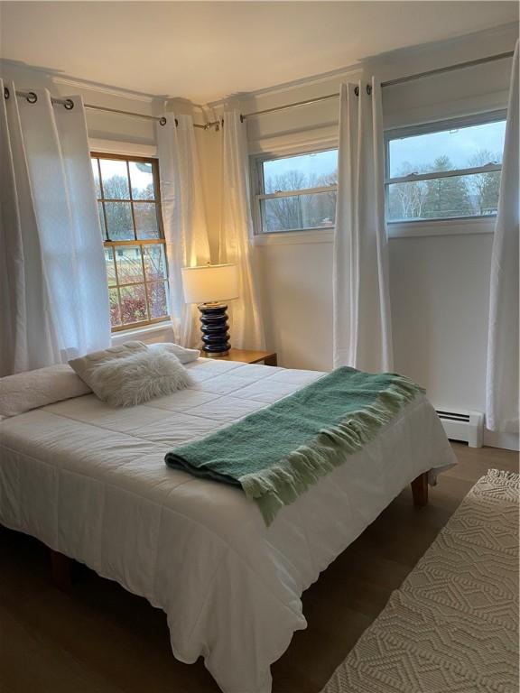 bedroom featuring a baseboard radiator and wood finished floors