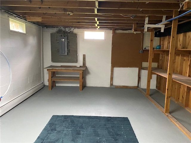 below grade area with electric panel and a baseboard radiator