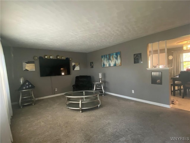 carpeted living area featuring baseboards and a textured ceiling