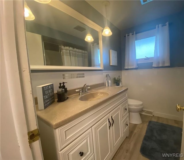 full bathroom featuring toilet, vanity, wood finished floors, and a shower with shower curtain