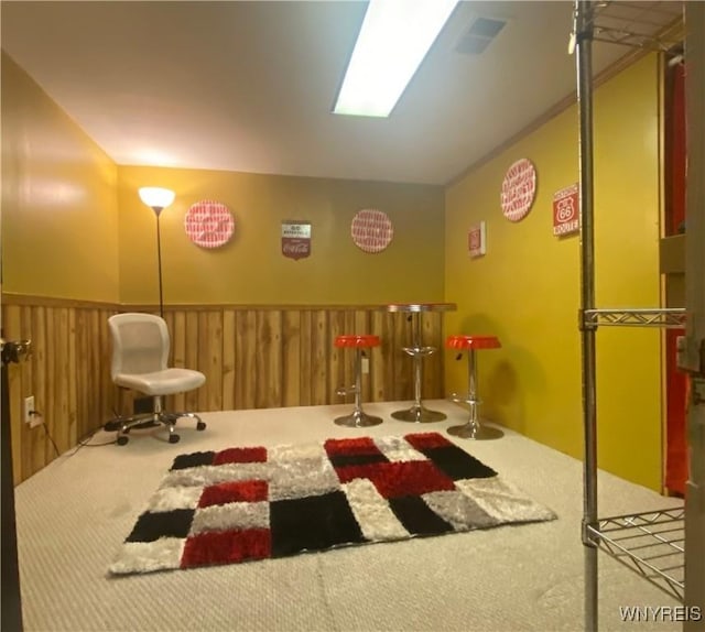 recreation room with carpet, wainscoting, and wood walls