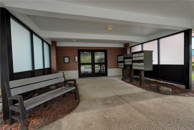 lobby with beam ceiling
