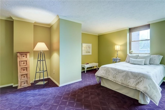bedroom with crown molding, carpet floors, baseboards, and a textured ceiling