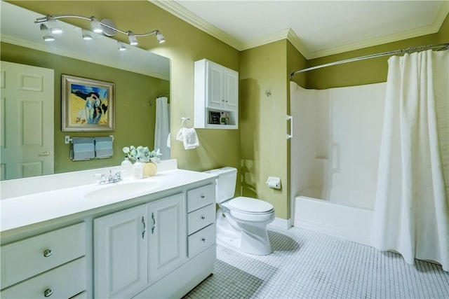 full bath with crown molding, vanity, toilet, shower / bath combination with curtain, and tile patterned flooring