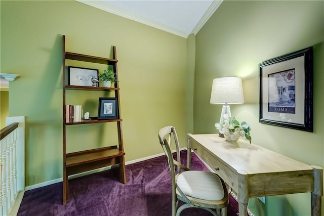 office with crown molding, carpet, and baseboards