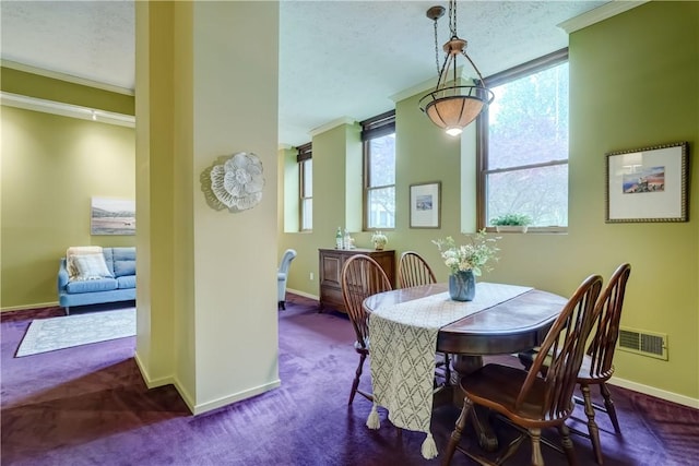 dining space featuring baseboards, carpet floors, crown molding, and a textured ceiling