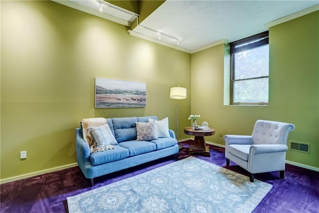 living area featuring rail lighting, carpet flooring, baseboards, and crown molding