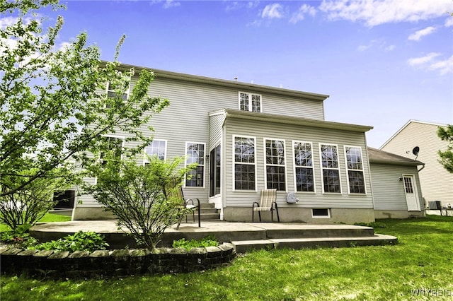 back of house featuring a patio area and a lawn