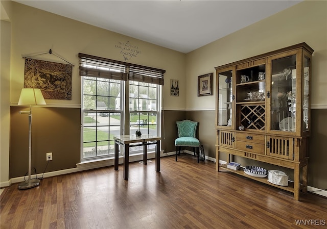 living area featuring healthy amount of natural light, baseboards, and wood finished floors