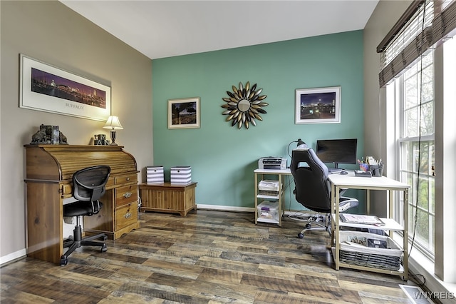 office area featuring wood finished floors and baseboards