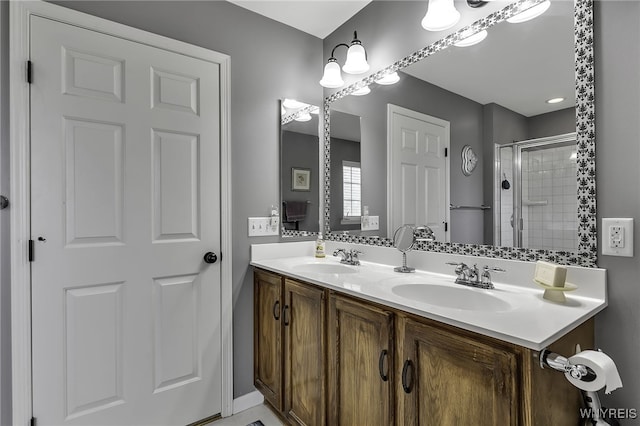 bathroom featuring a stall shower and double vanity