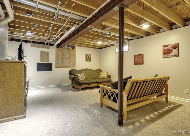 finished below grade area with carpet flooring and baseboards