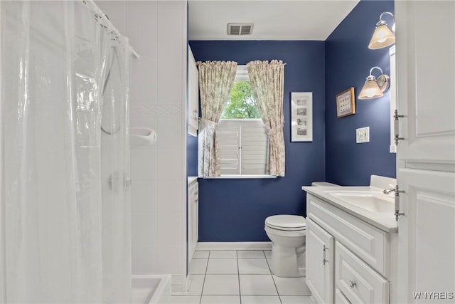 bathroom with tile patterned floors, vanity, a shower with shower curtain, and toilet