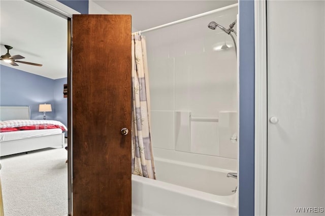 full bath featuring ceiling fan, connected bathroom, and shower / bath combo